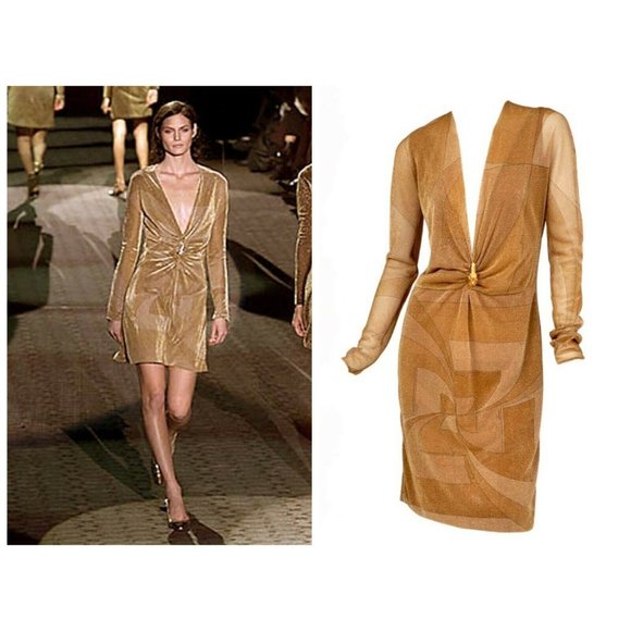 Tom Ford for Gucci Vintage Gold Dress with Lion Brooch, A / W 2000 - Picture 1 of 9